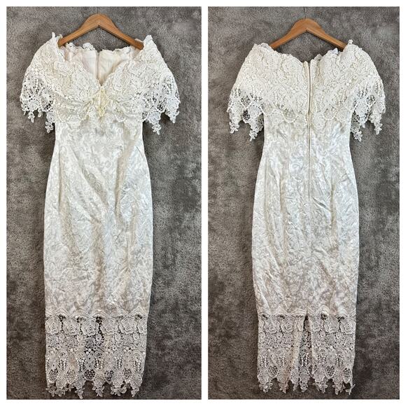 Vintage Jessica McClintock Lace Sheath Wedding Dress Off Shoulder Ivory White - Picture 1 of 16